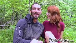 Redhead teen sucking and fucking at a waterfall