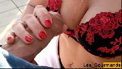 Milf jerks off her husband on rooftop